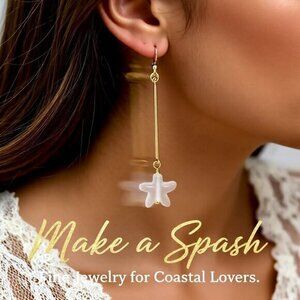Beachy!!! Frosted White Sea Star Starfish Pressed Glass ~ Dainty Dangle Earrings